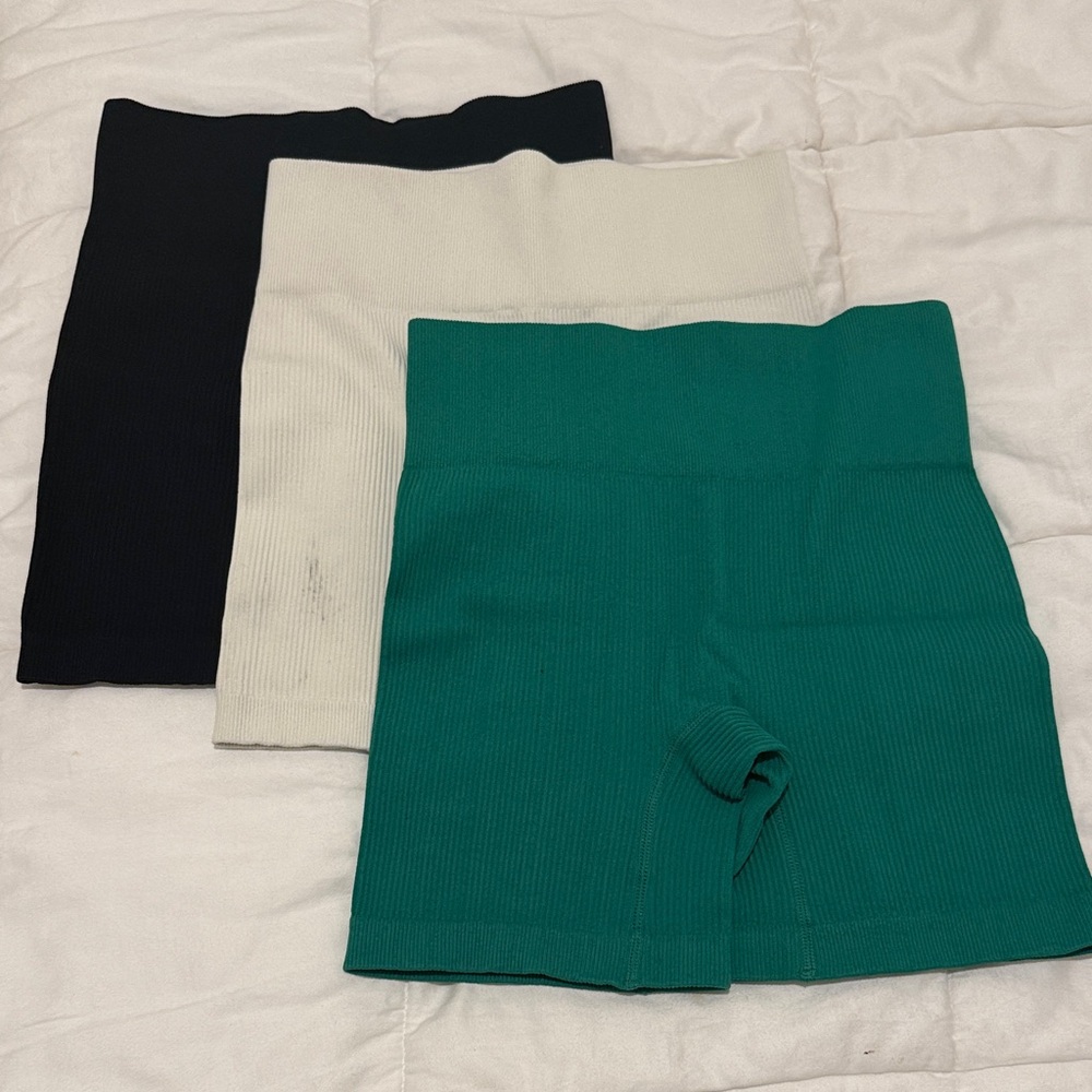 Women's Ribbed High-Waist Biker Shorts - Black, Cream, and Green